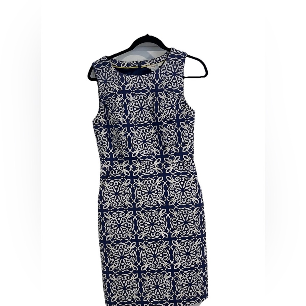 Boden Talia Summer Trellis Sheath Dress Size 6 R Sleeveless Blue White Pockets